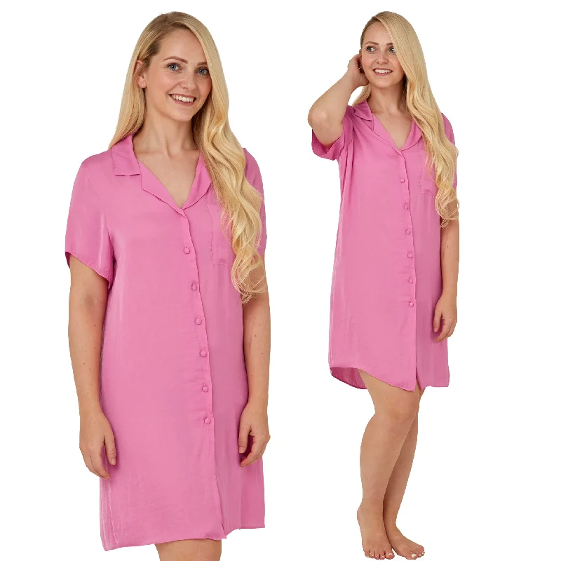 women's pajamas for everyday loungingPlain Bright Pink Sexy Satin Nightshirt Nightie Short Sleeve Negligee PLUS SIZE