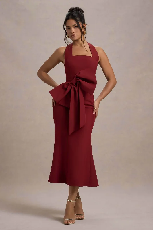 Women's Strapless DressesAman | Berry Halter-Neck Midi Dress With Oversized Bow