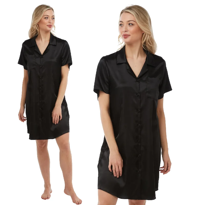 cozy women's flannel pajamasPlain Black Sexy Silky Shiny Satin Nightshirt Nightie Short Sleeve Negligee