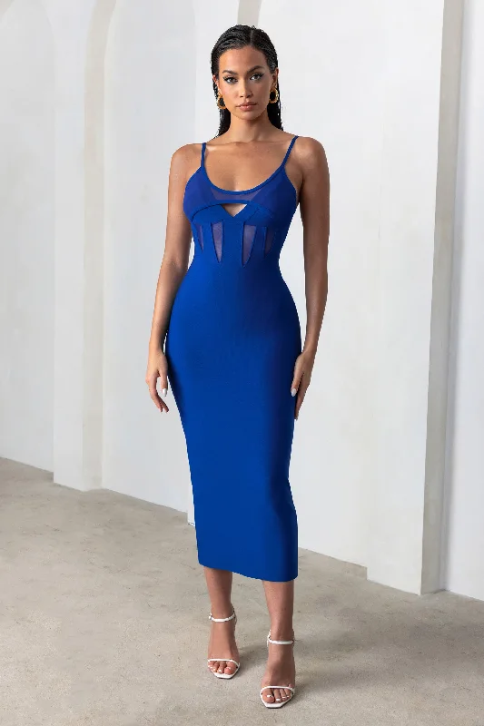 Women's Rounded-Neck DressesDestiny Calling | Electric Blue Bandage Mesh Cut Out Midi Dress with Bra Detail