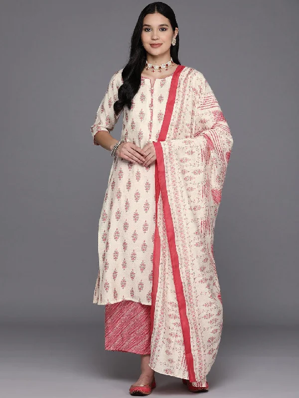 Women's Jumpsuits with Mandarin CollarCream Printed Silk Blend Straight Kurta With Palazzos & Dupatta