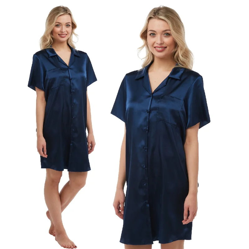 women's pajamas with a playful printRoyal Navy Blue Sexy Silky Shiny Satin Nightshirt Nightie Short Sleeve Negligee PLUS SIZE