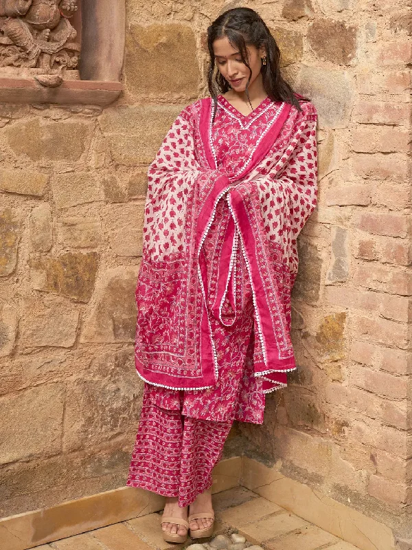 Women's Jumpsuits with High CollarPink Printed Cotton Straight Suit With Dupatta