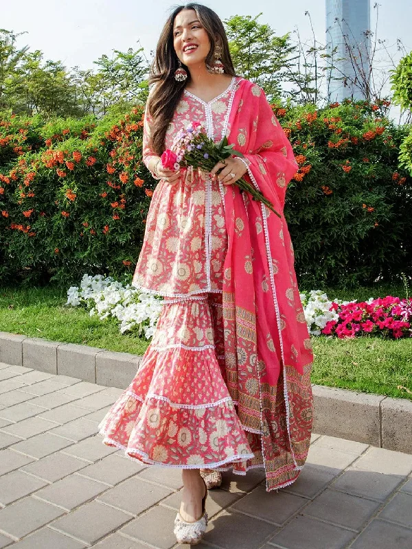 Women's Jumpsuits with U-Shaped CollarPink Printed Cotton Anarkali Sharara Suit Set With Dupatta