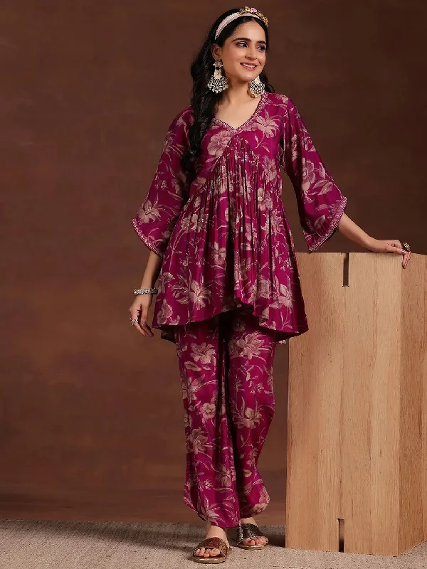 Women's Jumpsuits with Shawl CollarPink Printed Silk Blend Co-Ords