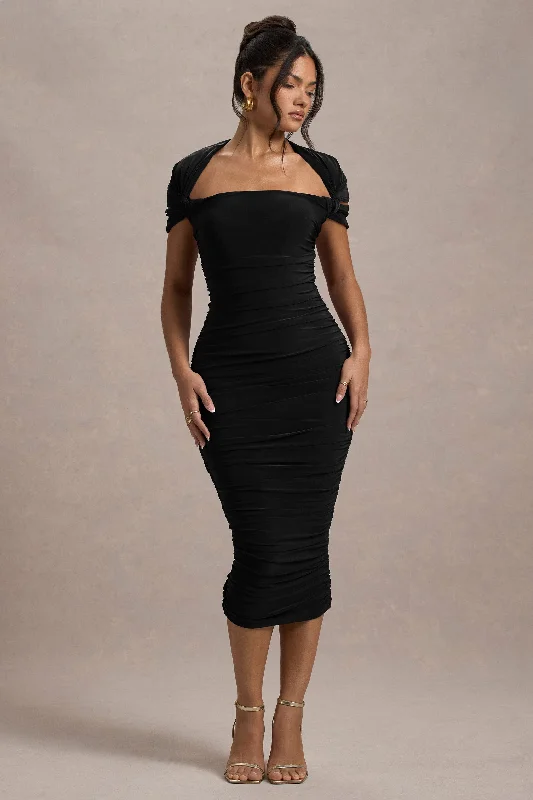 Women's Racerback DressesPaxos | Black Ruched Short-Sleeve Midi Dress