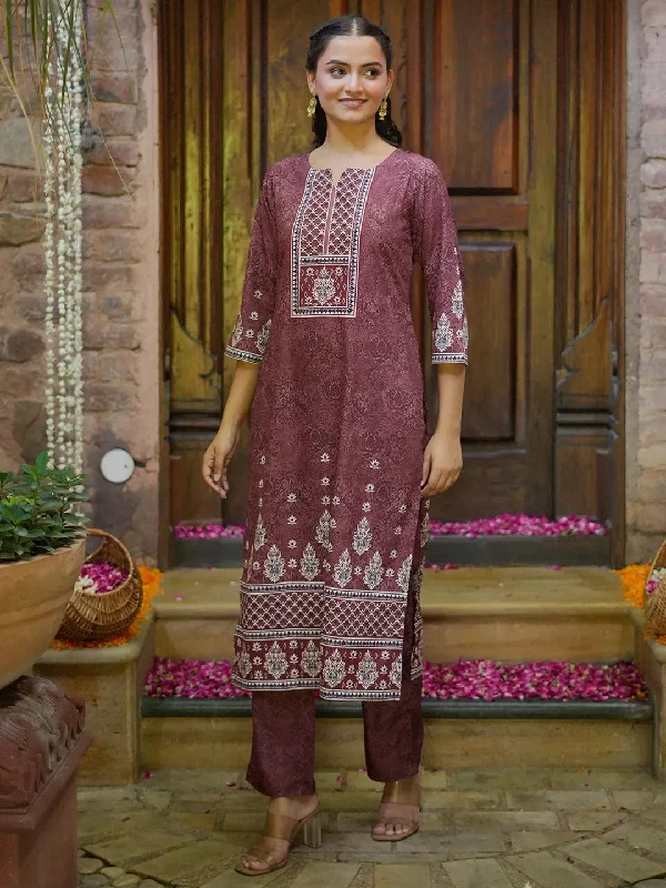 Women's Jumpsuits with BeltBrown Printed Poly Crepe Straight Kurta With Trousers