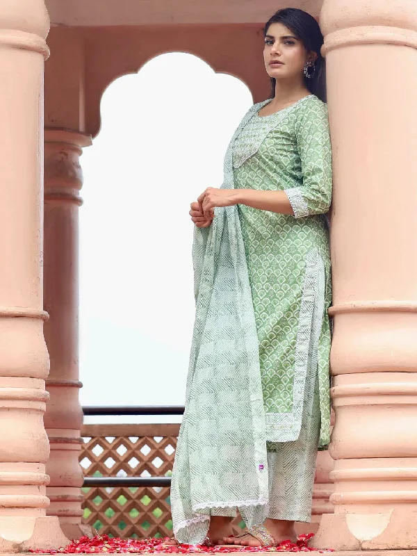 Women's Jumpsuits with Tapered LegGreen Printed Cotton Straight Suit With Dupatta