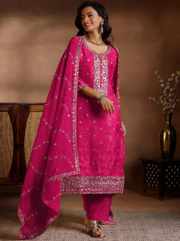 Women's Jumpsuits with Keyhole CollarPink Woven Design Silk Blend Straight Suit With Dupatta