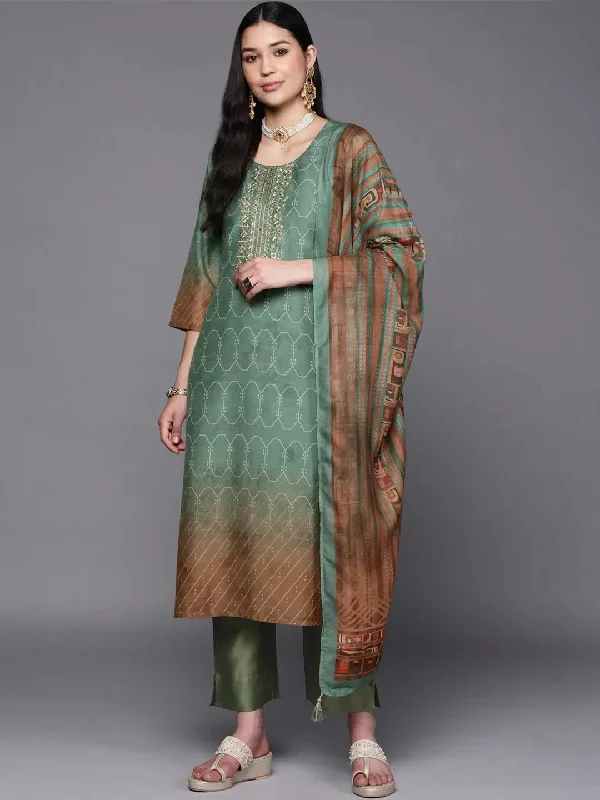 Women's Jumpsuits with Boat NeckGreen Yoke Design Silk Blend Straight Kurta With Trousers & Dupatta