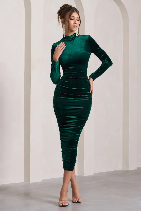 Women's Turtleneck DressesJoanna | Bottle Green Velvet High-Neck Backless Midi Dress