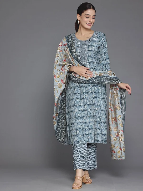 Women's Jumpsuits with Low CollarGrey Printed Silk Blend Straight Suit With Dupatta