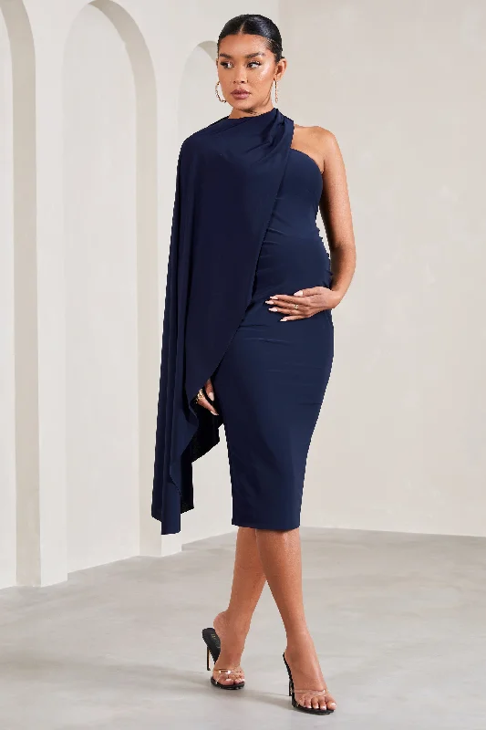 Women's Gathered DressesNew Chapter | Navy Asymmetric Maternity Midi Dress With Cape