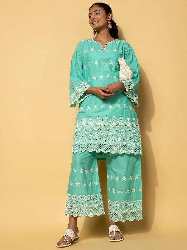 Women's Jumpsuits with Lapel CollarGreen Embroidered Cotton Co-Ords