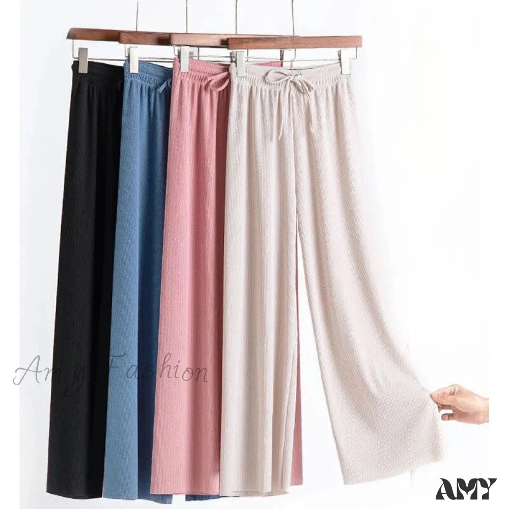 Women's Jodhpurs with Short LengthAmy Fashion - New Ladies Ice Silk Light Wide Leg Trousers