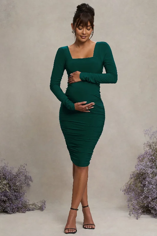 Women's Turtleneck DressesNew Life | Bottle Green Maternity Square Neck Ruched Midi Dress