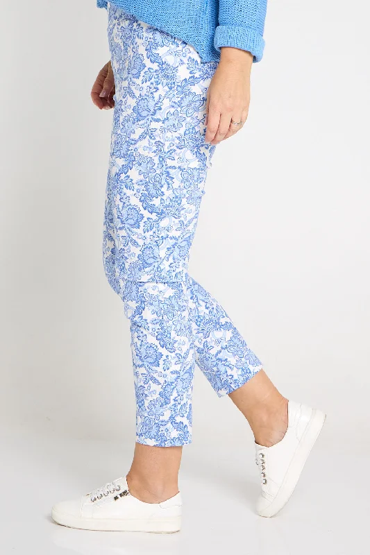 Women's Jodhpurs with Asymmetrical HemMoira Pants - Blue Jacobean Paisley