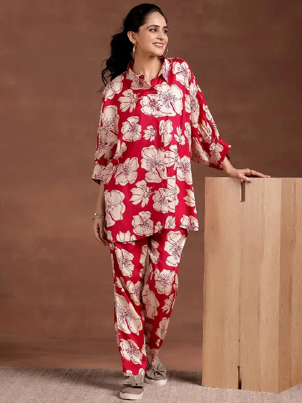 Women's Jumpsuits with Asymmetrical HemRed Printed Silk Blend Co-Ords