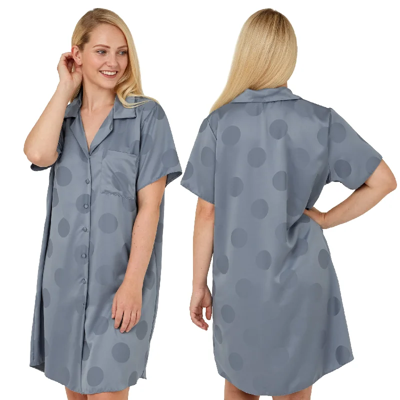 women's pajamas with an adjustable necklineBlue Jacquard Sexy Satin Nightshirt Nightie Short Sleeve Knee Length Negligee PLUS SIZE