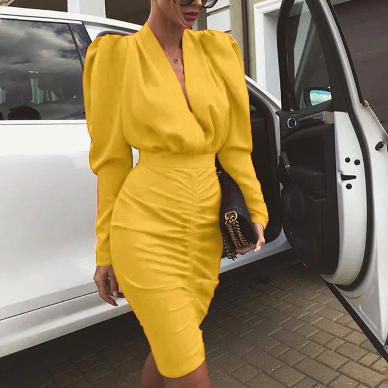 Women's Rounded Collar DressesFashionSierra - Women Leg-of-Mutton Sleeve Plunge Party Dress Slim Waist Ruched Bodycon Dress Solid Yellow Red Black Robe Femme