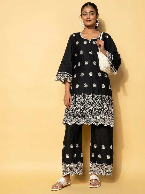 Women's Jumpsuits with Shirt CollarBlack Embroidered Cotton Co-Ords