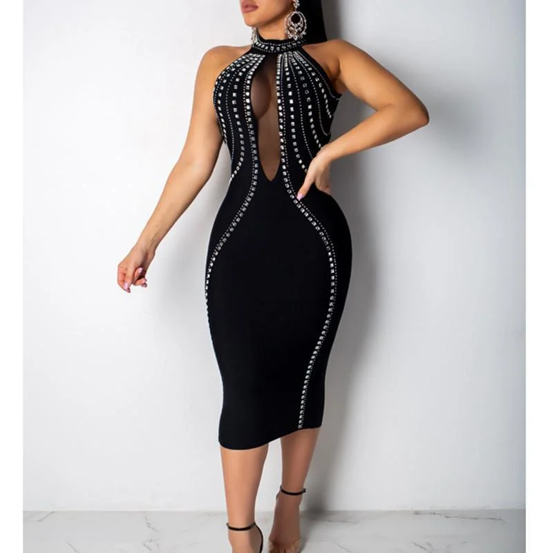 Women's Shirt Collar DressesFashionSierra - Women Party Dress Sleeveless Backless Diamonds Rhinestone Dresses Black See Through Mesh Bodycon Dress Femme Vestidos