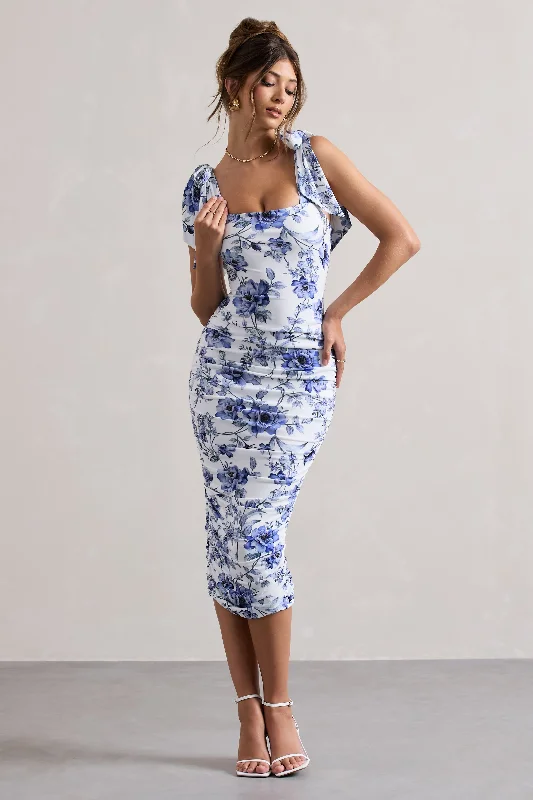 Women's Low Collar DressesCordelia | Floral Print Bodycon Midi Dress With Bow Straps