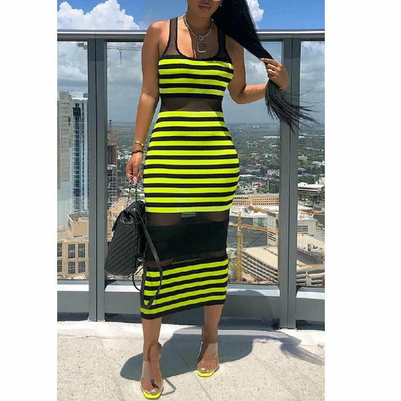 Women's Peter Pan Collar DressesFashionSierra - Women Striped Sleeveless Bandage Bodycon Dress Summer Beach Ladies Casual  Holiday Party Slim Dress Sundress