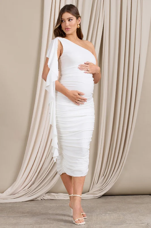 Women's U-Shaped-Neck DressesStreamer | White Asymmetric Ruffled Maternity Midi Dress