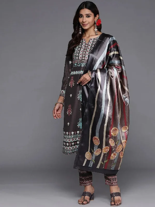 Women's Jumpsuits with Low CollarCharcoal Printed Silk Blend Straight Kurta With Dupatta