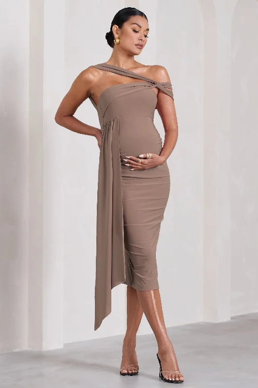 Women's Ruffled DressesJust Wait | Mocha Asymmetric Strappy Maternity Midi Dress With Drape