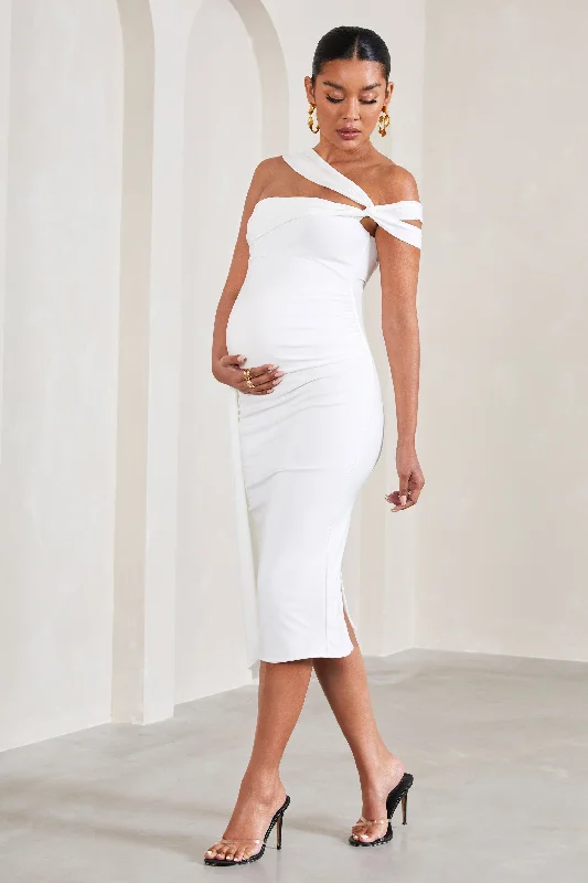 Women's Long-Sleeve DressesJust Wait | White Asymmetric Strappy Maternity Midi Dress With Drape