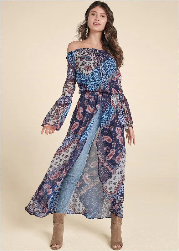 Women's Shawl Collar DressesOff-The-Shoulder Maxi Top - Navy Multi