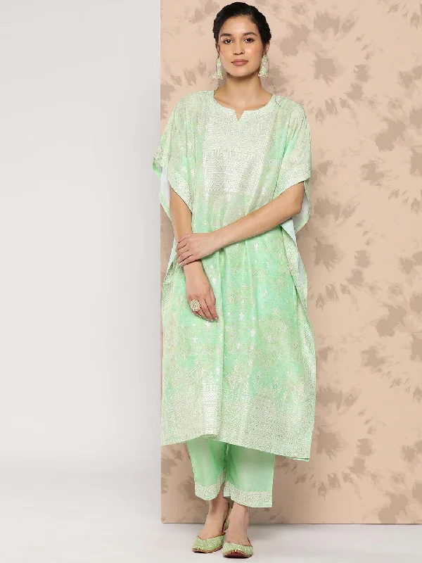 Women's Jumpsuits with Sweetheart NeckGreen Printed Silk Blend Kaftan Kurta With Trousers