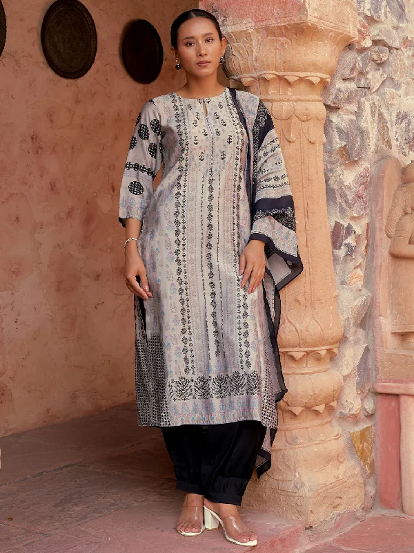 Women's Jumpsuits with Notched CollarGrey Printed Silk Blend Straight Suit With Dupatta