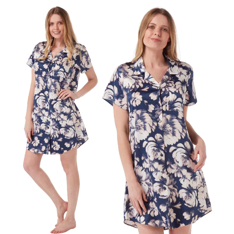 women's pajamas for a night of restNavy Floral Bloom Sexy Satin Nightshirt Nightie Short Sleeve Knee Length Negligee