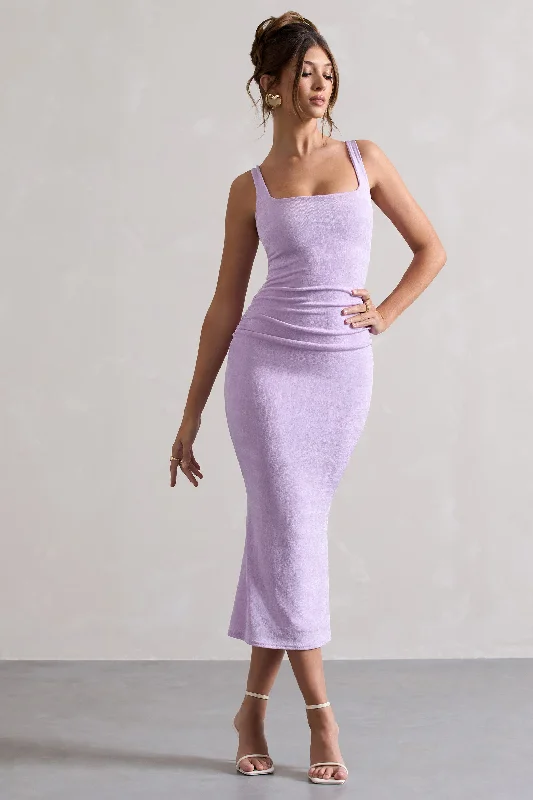 Women's Shift DressesEvora | Lilac Ruched Square-Neck Midi Dress