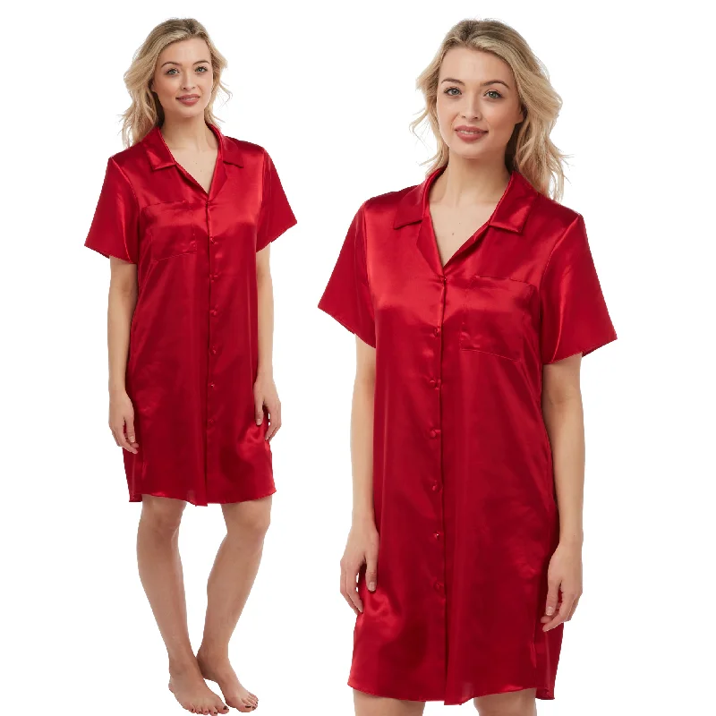 women's pajamas with hidden pocketsPlain Bright Red Sexy Silky Shiny Satin Nightshirt Nightie Short Sleeve Negligee PLUS SIZE