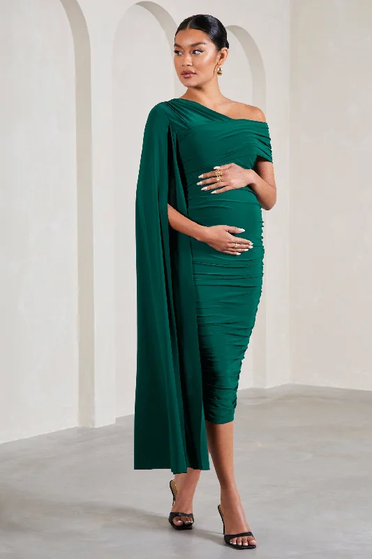 Women's Maxi DressesSerenity | Bottle Green Ruched Asymmetric Maternity Midi Dress With Cape