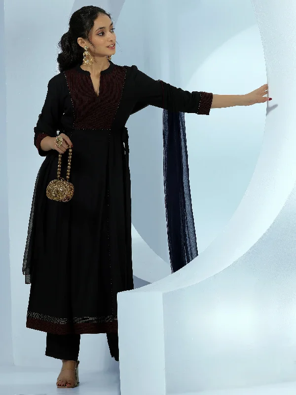 Women's Jumpsuits with Ankle LengthBlack Yoke Design Cotton A-Line Kurta With Trousers & Dupatta