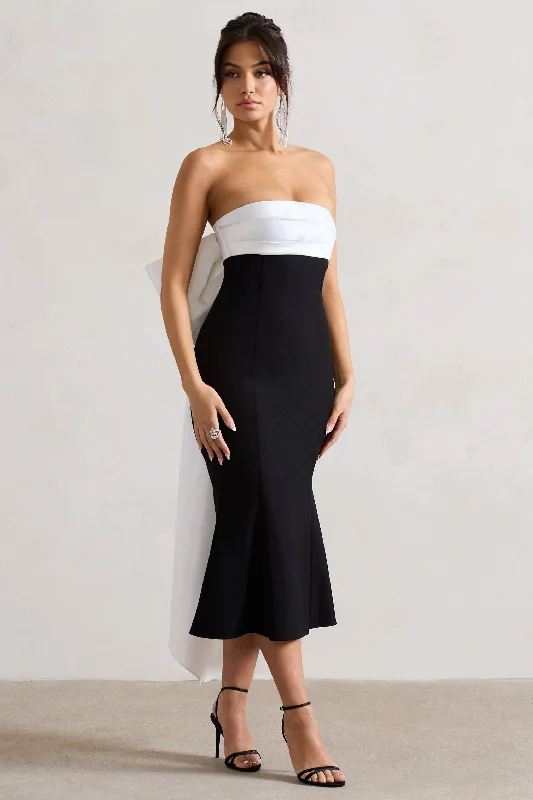 Women's Mandarin-Neck DressesWishlist | Black Bandeau Midi Dress With Oversized White Bow