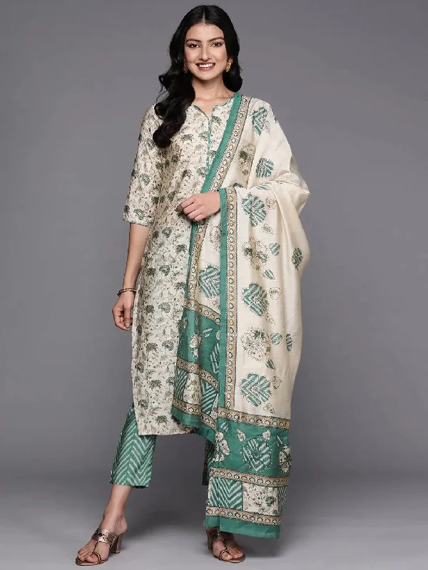 Women's Jumpsuits with U-Shaped NeckBeige Printed Silk Blend Straight Kurta With Trousers & Dupatta