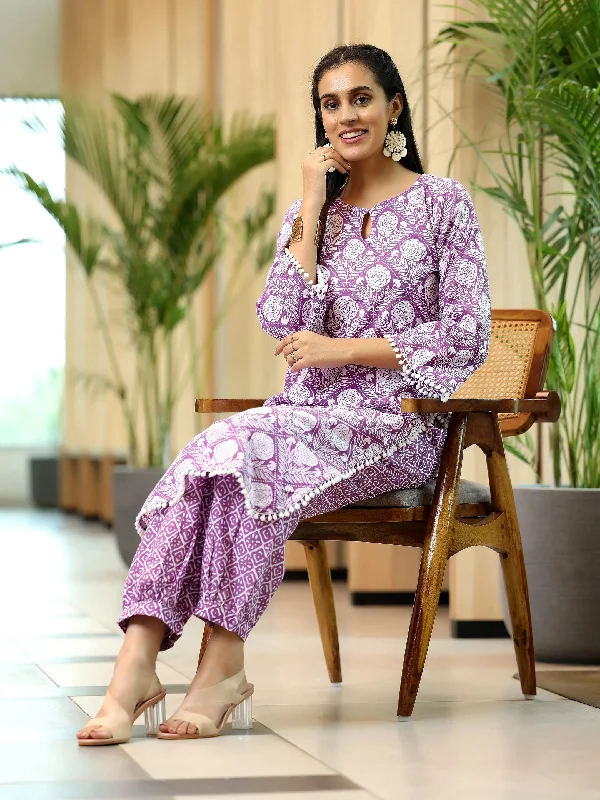 Women's Jumpsuits with Long LengthLavender Printed Cotton Pathani Kurta Set