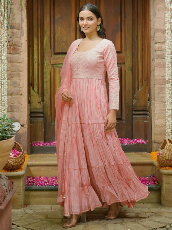 Women's Jumpsuits with HoodLibas Art Peach Embroidered Cotton Blend A-Line Kurta With Trousers & Dupatta