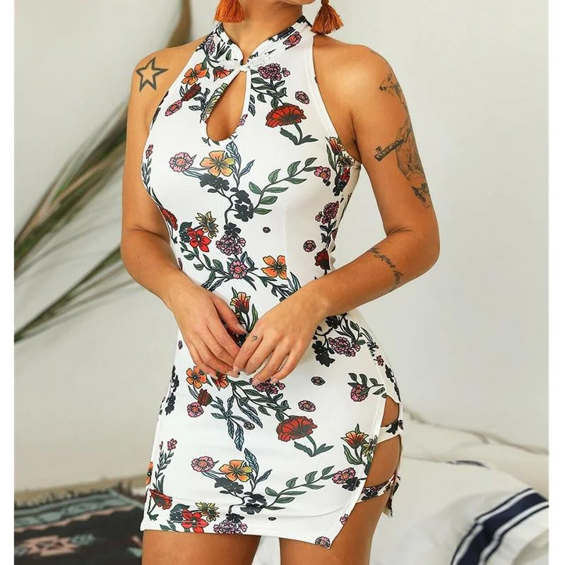 Women's Gathered DressesFashionSierra - Women Summer Floral Sleeveless Bodycon Dress