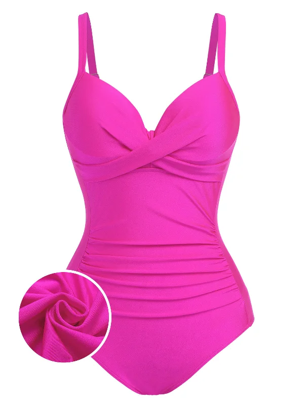 Pink 1960s Solid Spaghetti Strap Swimsuit