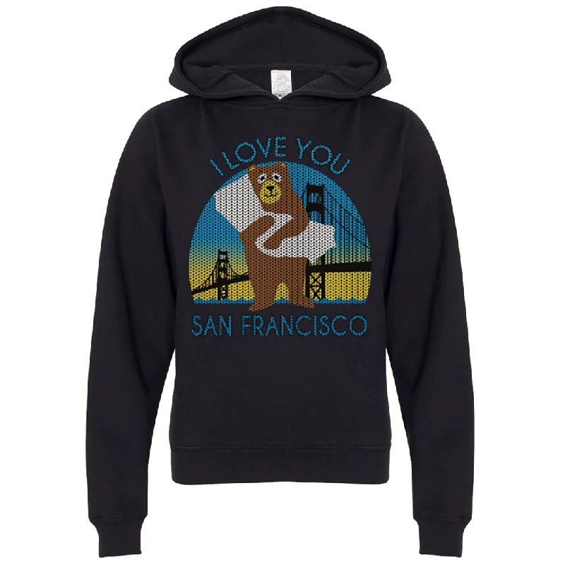 Women's Hooded Sweatshirts with Ribbed LiningI Love You SF Knit Style Bear Premium Youth Sweatshirt Hoodie