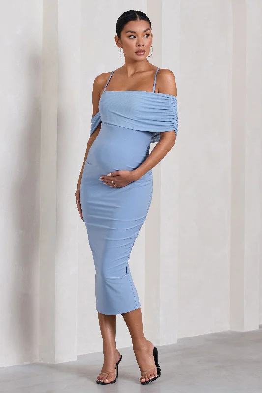 Women's Shirt Collar DressesShelby | Powder Blue Mesh Bardot Strappy Maternity Midi Dress