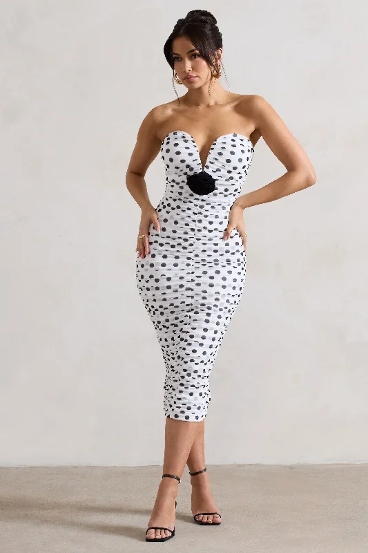 Women's Keyhole-Neck DressesTaken | White Polka Dot Ruched Mesh Midi Dress With Corsage