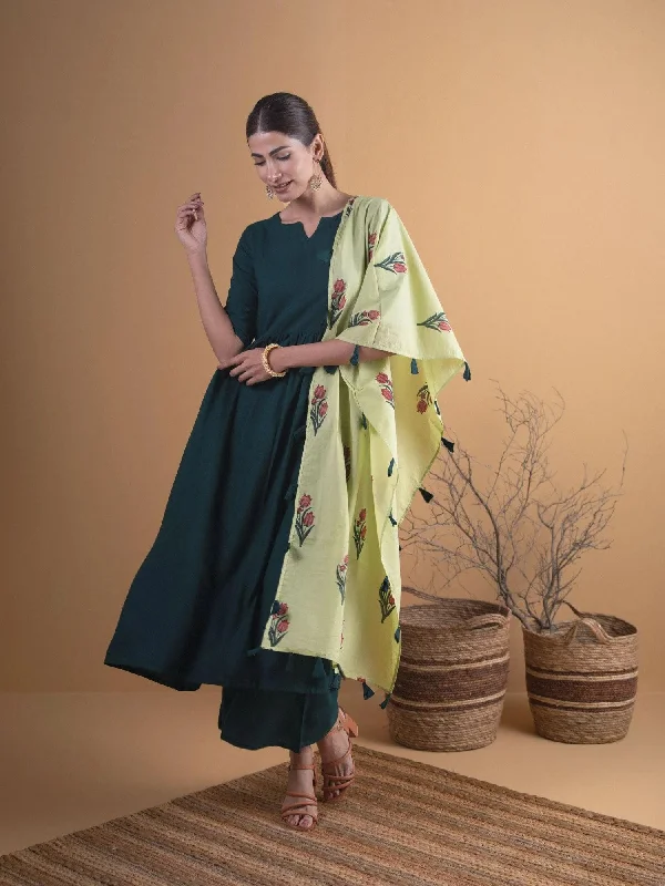 Women's Jumpsuits with Mandarin CollarGreen Solid Rayon Anarkali Kurta With Palazzos & Stole